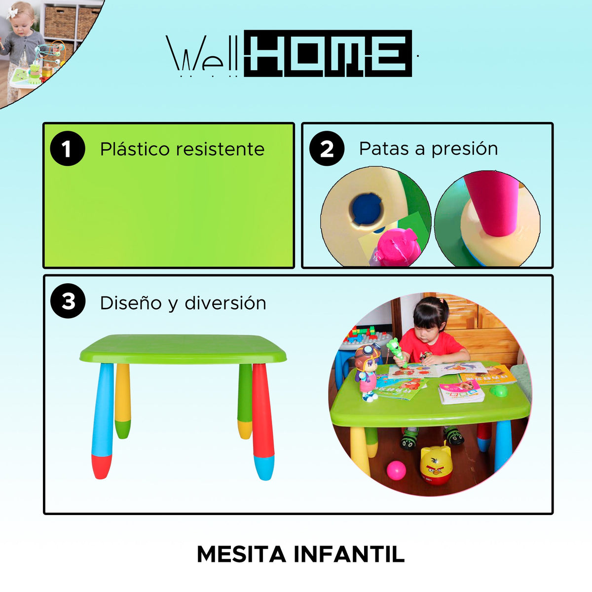 Mesita infantil rectangular plástico verde 73x58x48 cm (2)