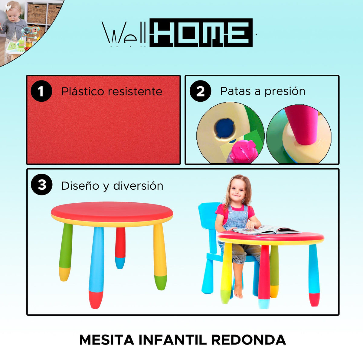 Mesita infantil redonda plástico rojo Ø70xH48 cm (2)