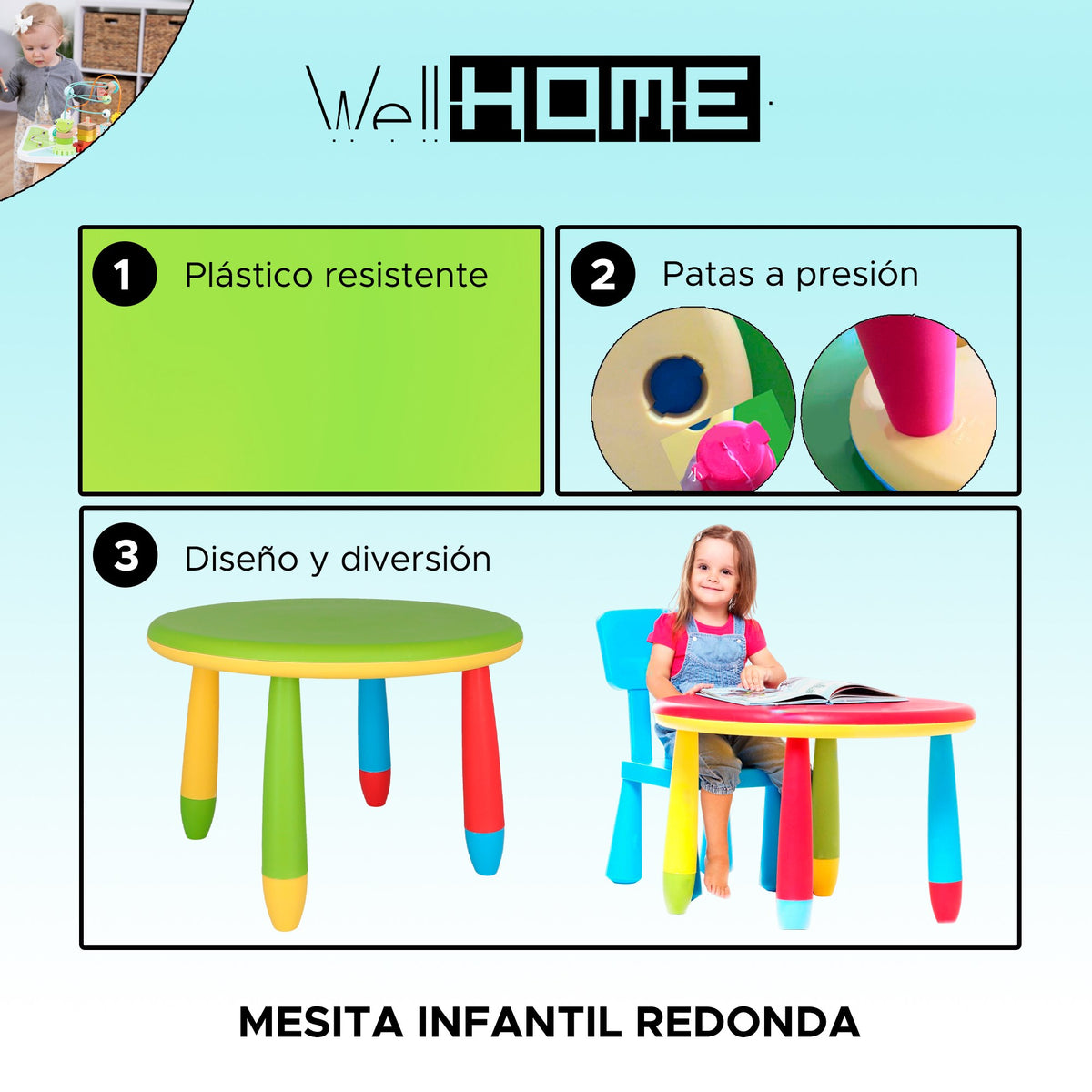 Mesita infantil redonda plástico verde Ø70xH48 cm (2)