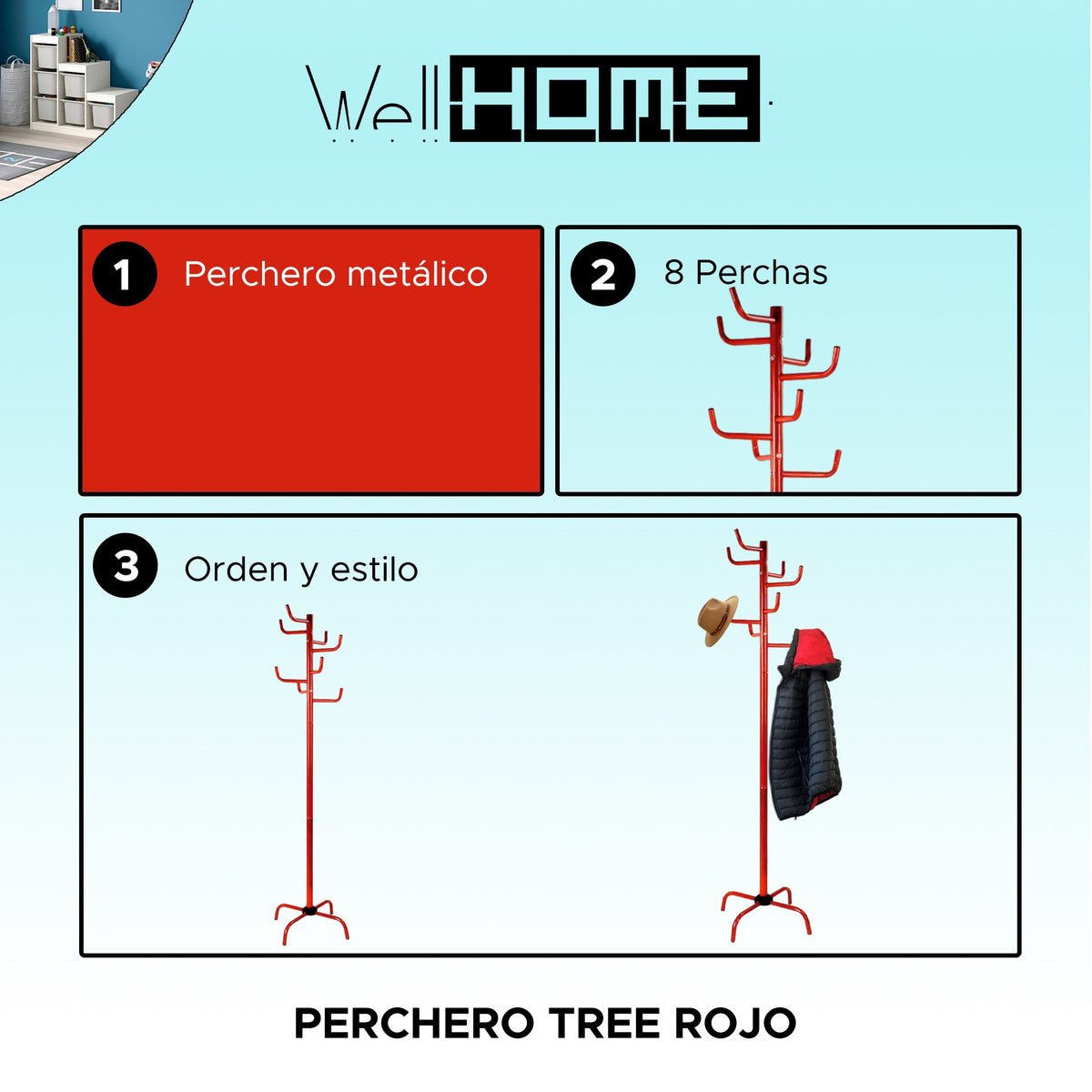 Perchero metálico rojo 8 perchas 50x50x183 cm (2)
