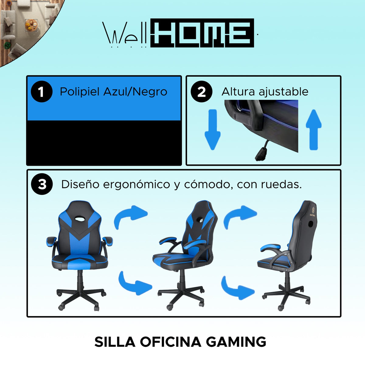 Silla gaming ergonómica azul con reposabrazos regulable en altura (2)