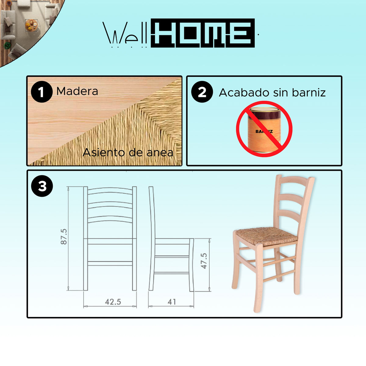 Silla rústica asiento de anea sin barniz 42x41x87 cm (2)