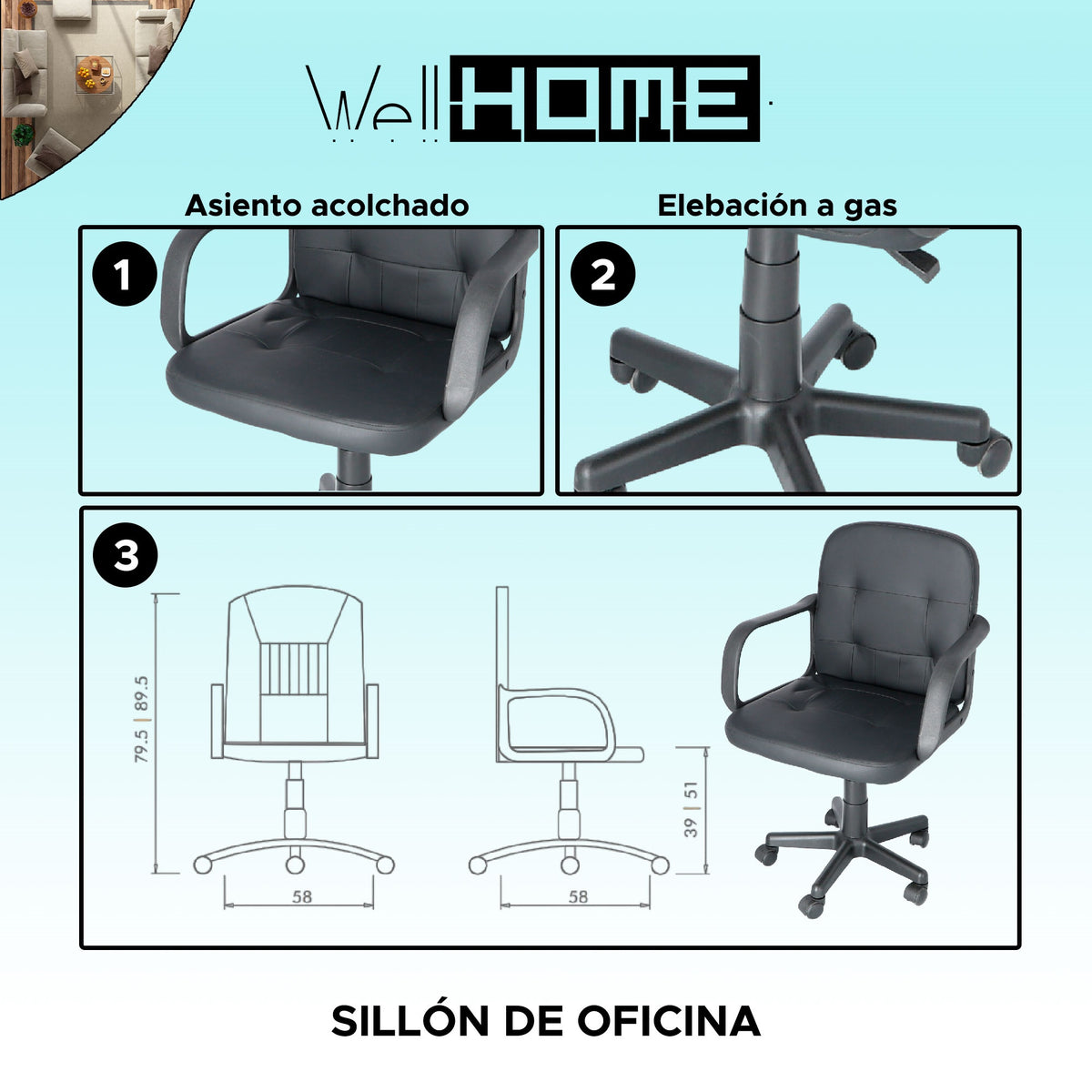 Sillón de oficina acolchado negro 58x58x80 cm (2)
