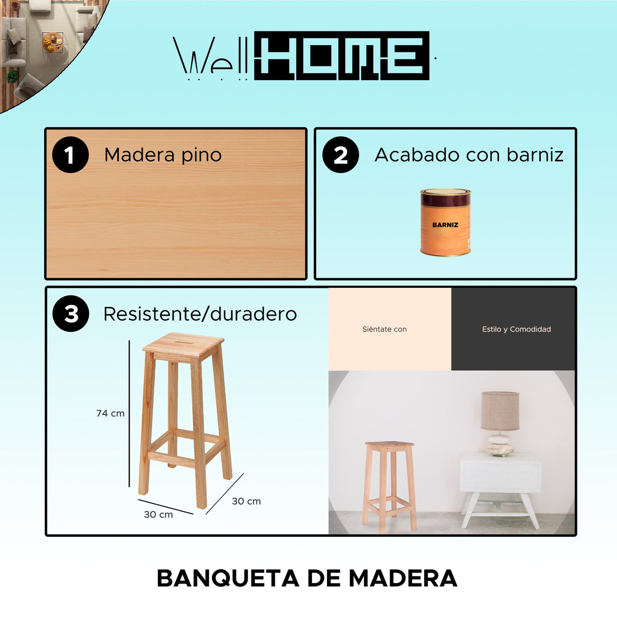 Banqueta alta madera barniz 32x32x70 cm (2)