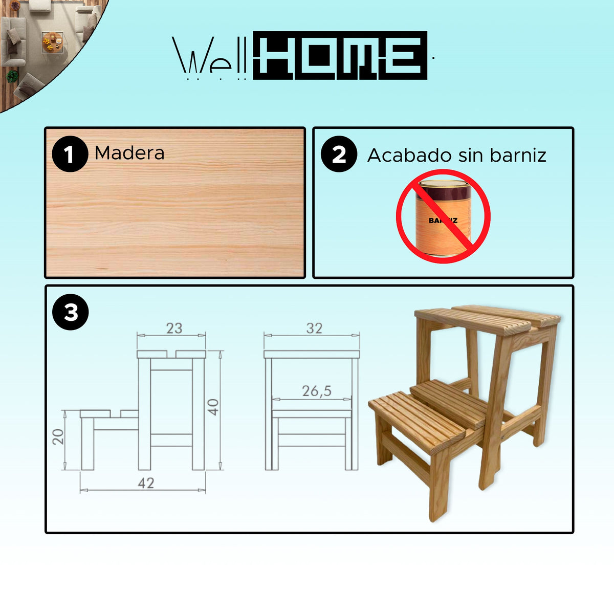Taburete escalera 2 peldaños madera sin barniz 32x42x40 cm (2)