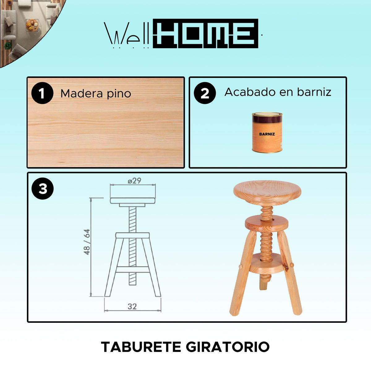 Taburete redondo giratorio madera barniz 29x29x64 cm (2)
