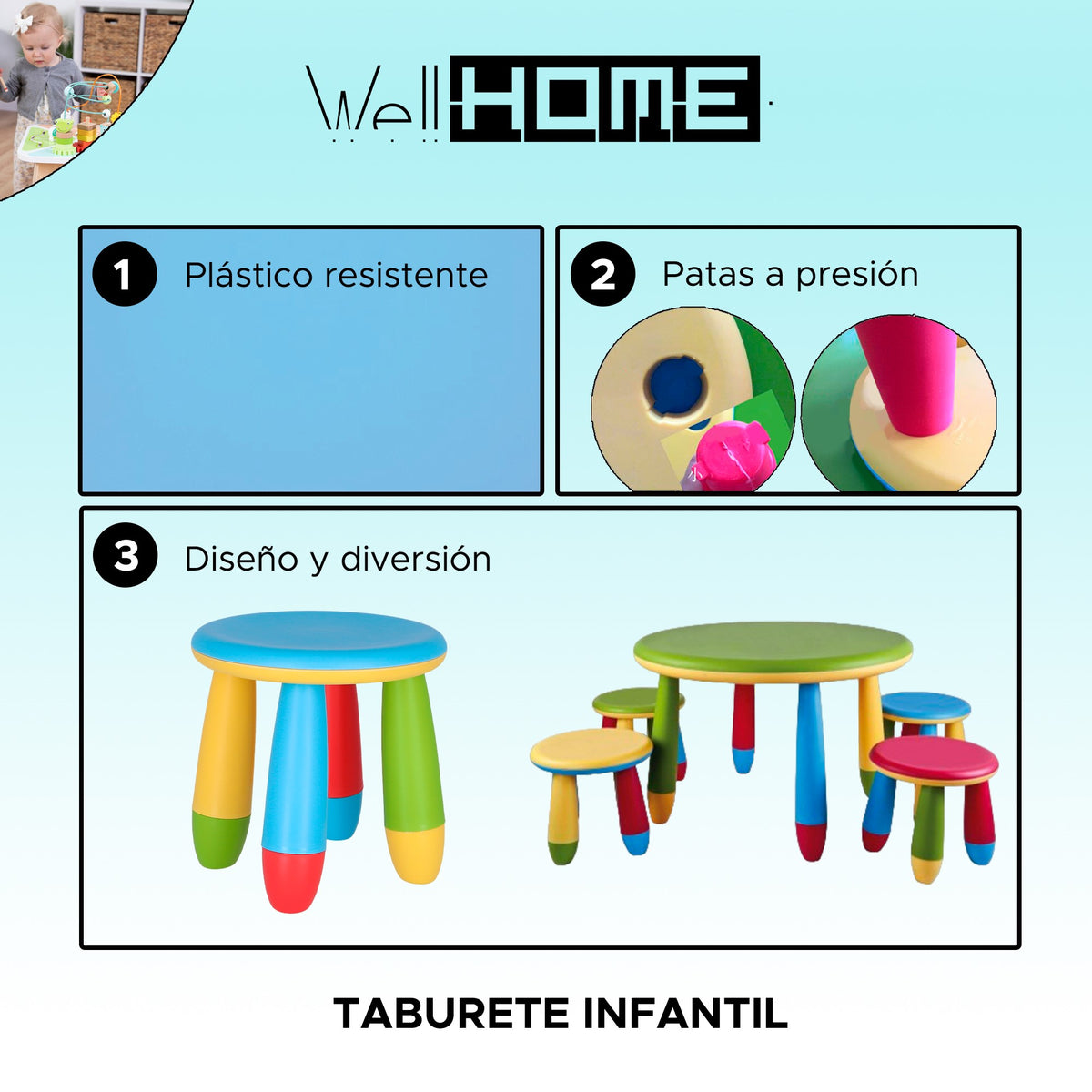 Taburete infantil plástico azul Ø30xH26 cm (2)