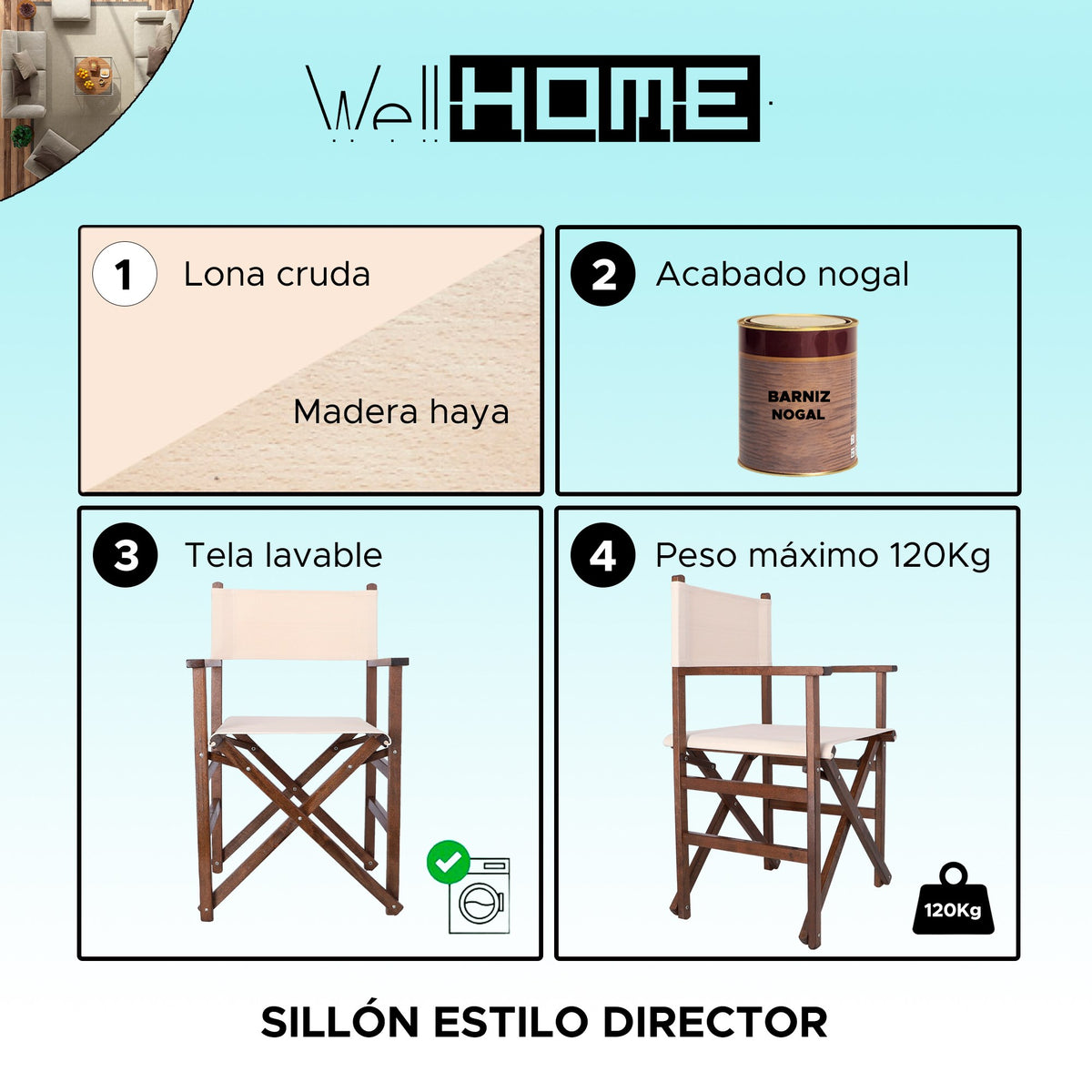 Sillón director estructura nogal lona cruda 51x46x86 cm (2)