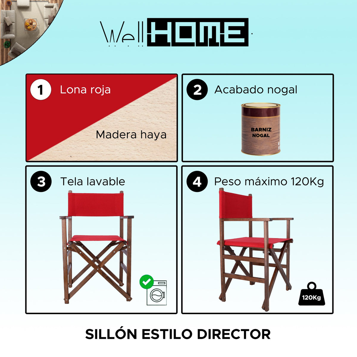 Sillón director estructura nogal lona granate 51x46x86 cm (2)