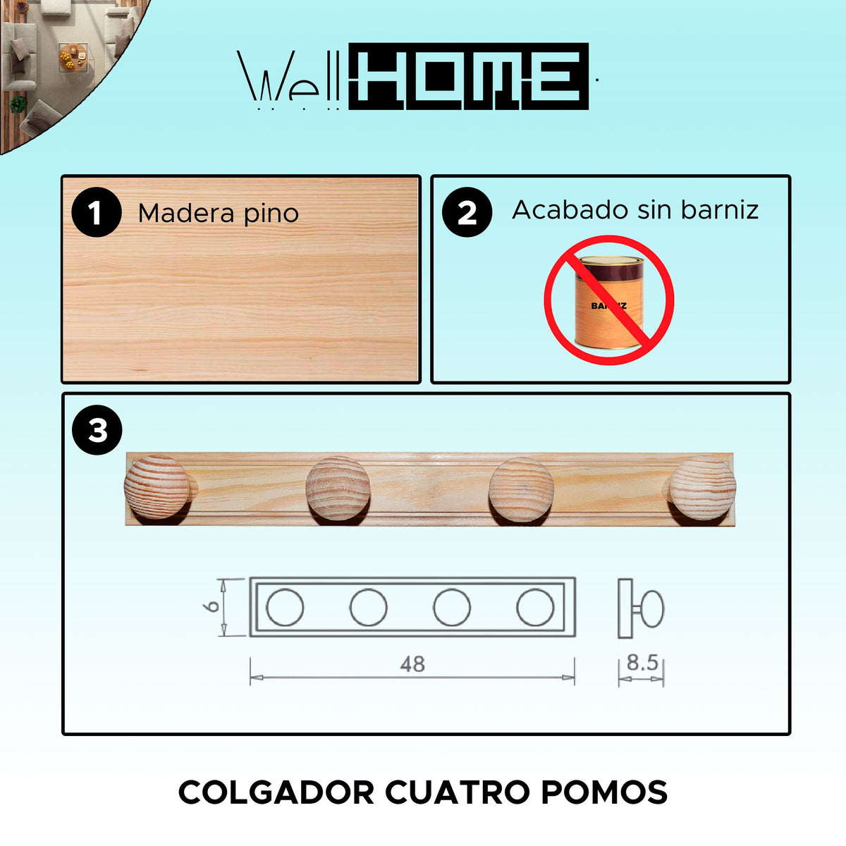 Colgador 4 pomos madera sin barniz 48x9x6 cm (2)