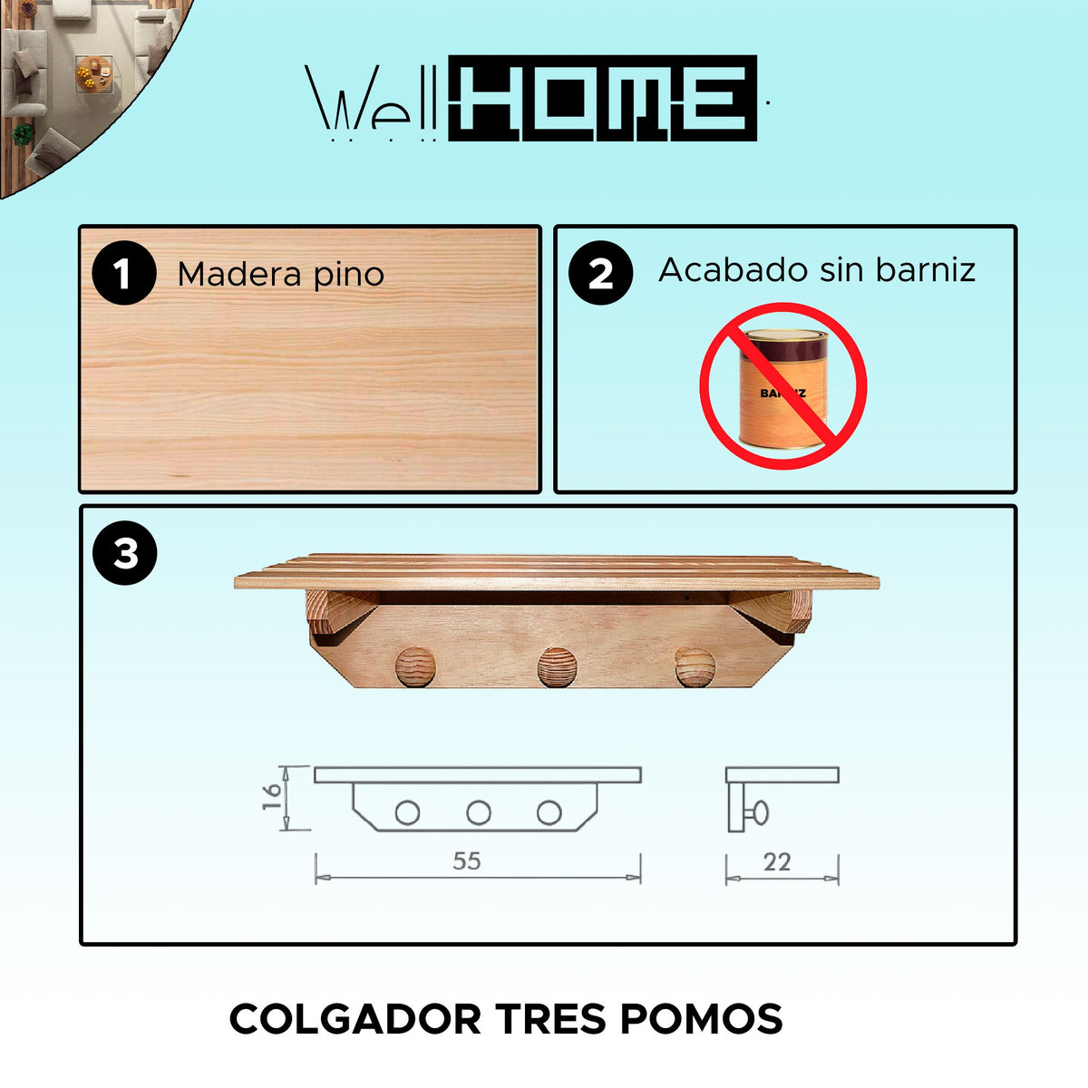 Colgador 3 pomos y estante madera sin barniz 55x22x16 cm (2)