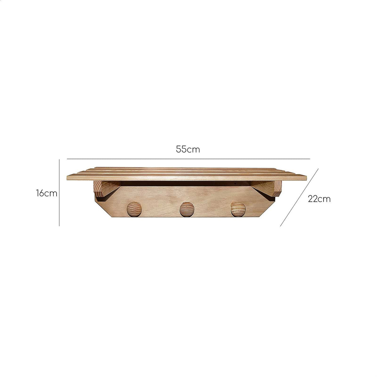 Colgador 3 pomos y estante madera sin barniz 55x22x16 cm (3)