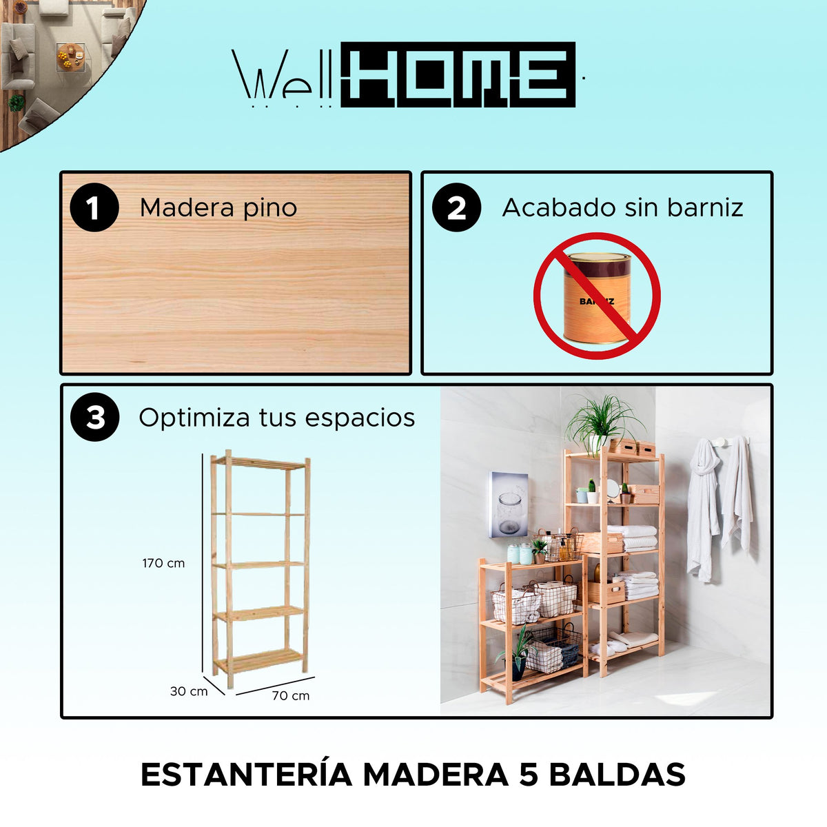 Estantería madera 5 baldas 170x35x4 cm (2)