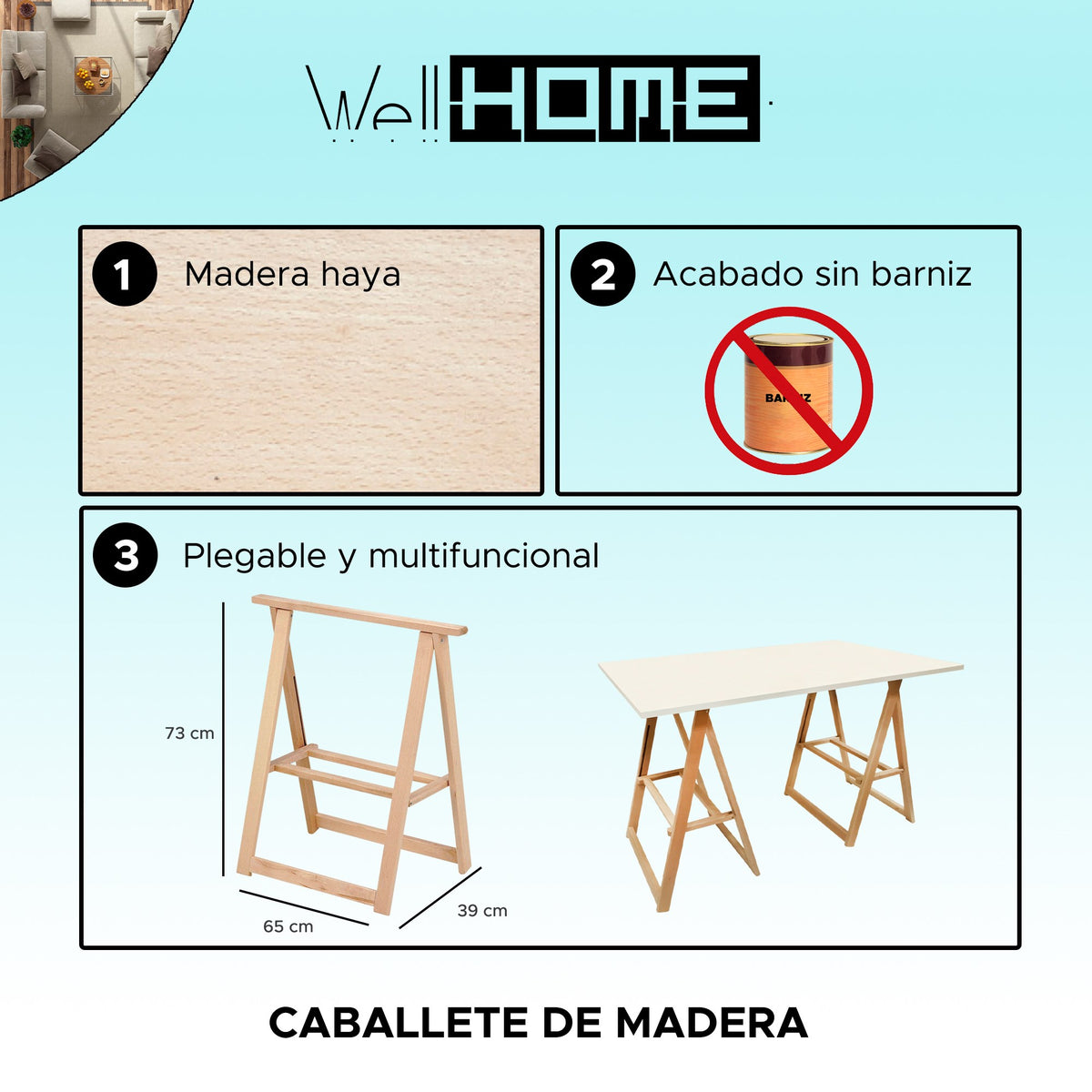 Caballete de haya bajo sin barniz H.73 cm (2)
