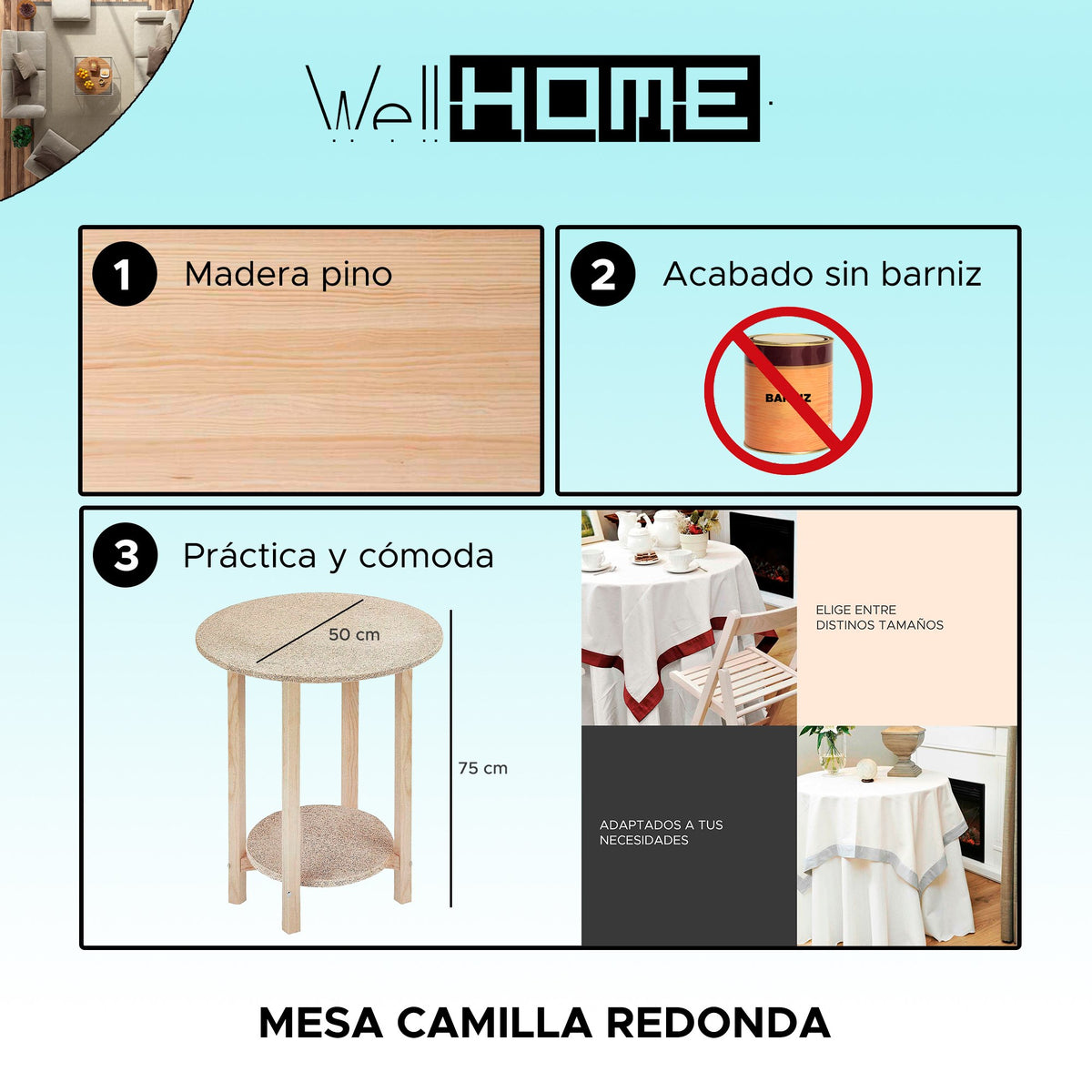 Mesa camilla sin barniz 50x50x75 cm (2)