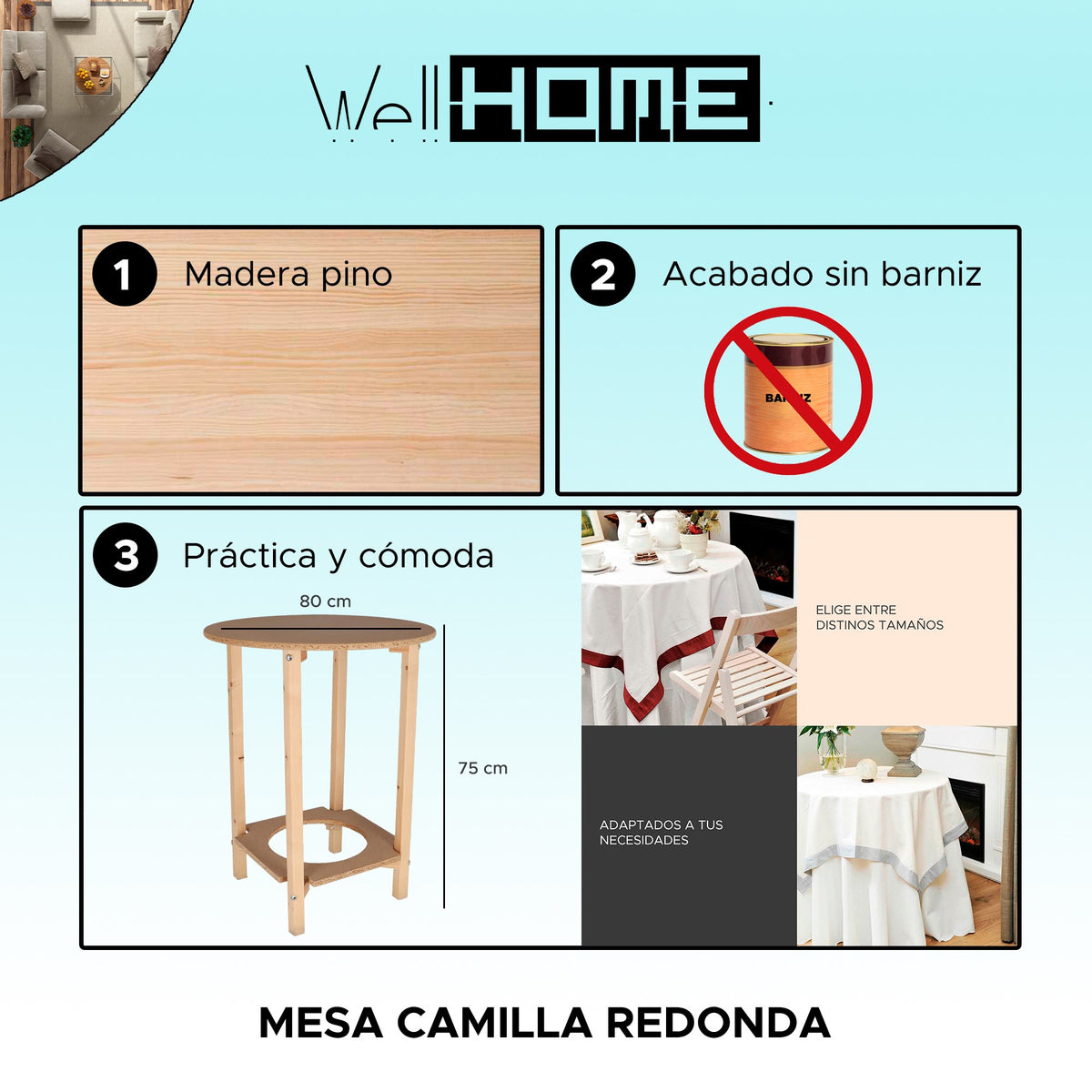 Mesa camilla sin barniz 80x80x75 cm (2)