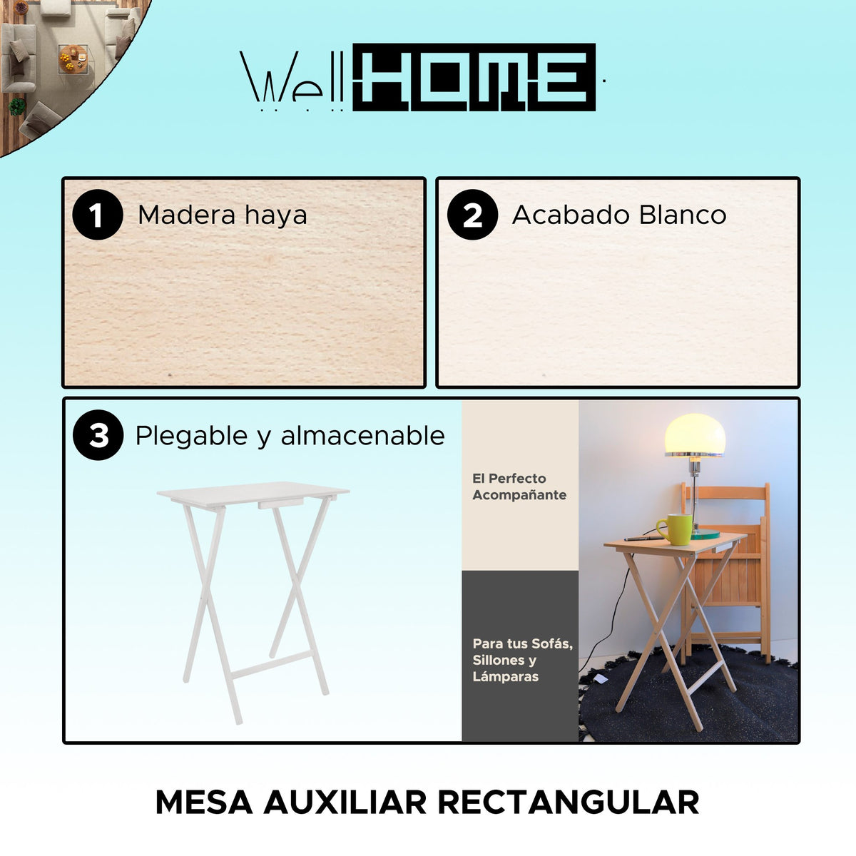 Mesita auxiliar rectangular plegable madera blanco 48x35x64 cm (2)