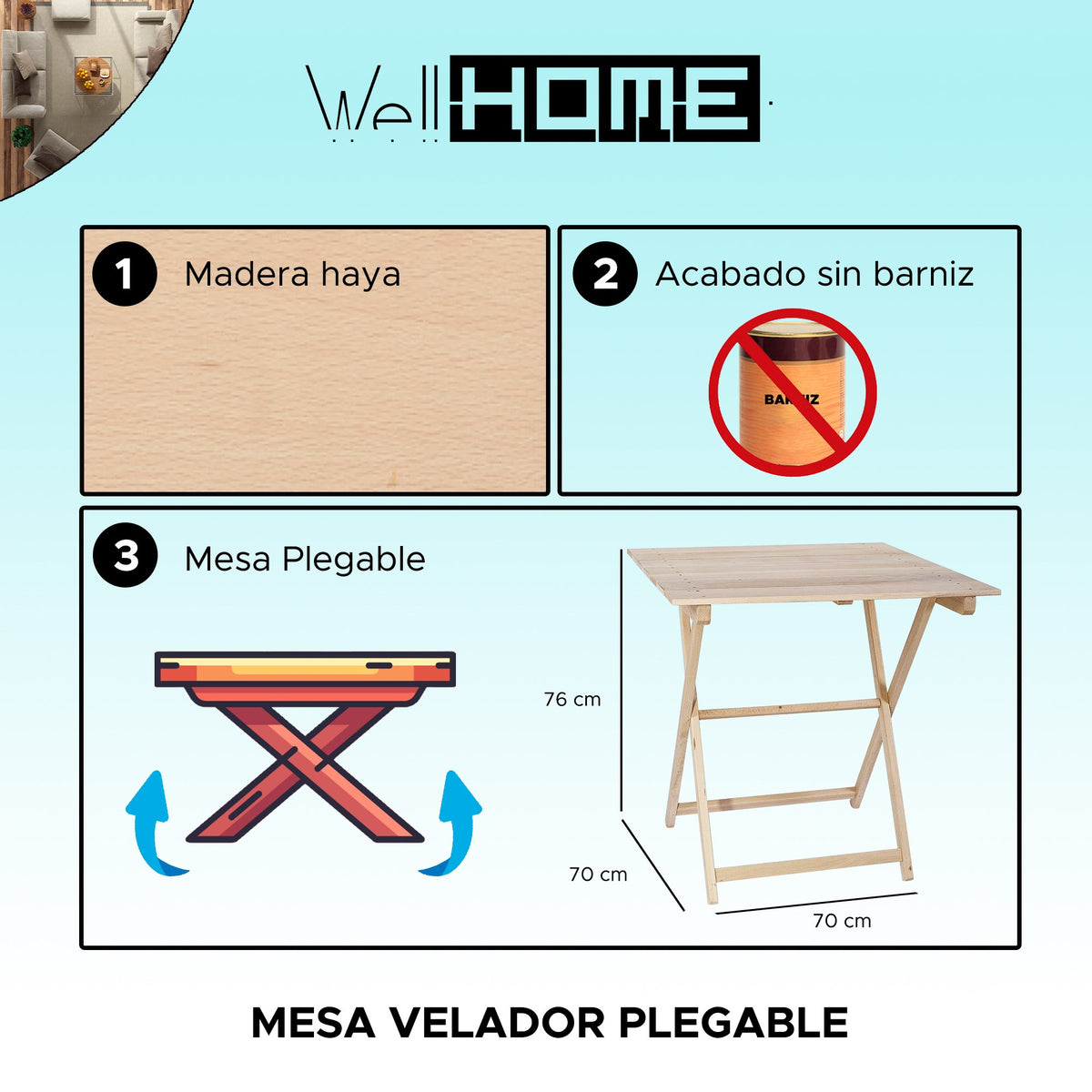 Mesa velador haya plegable tablillas sin barniz 70x70x76cm (2)