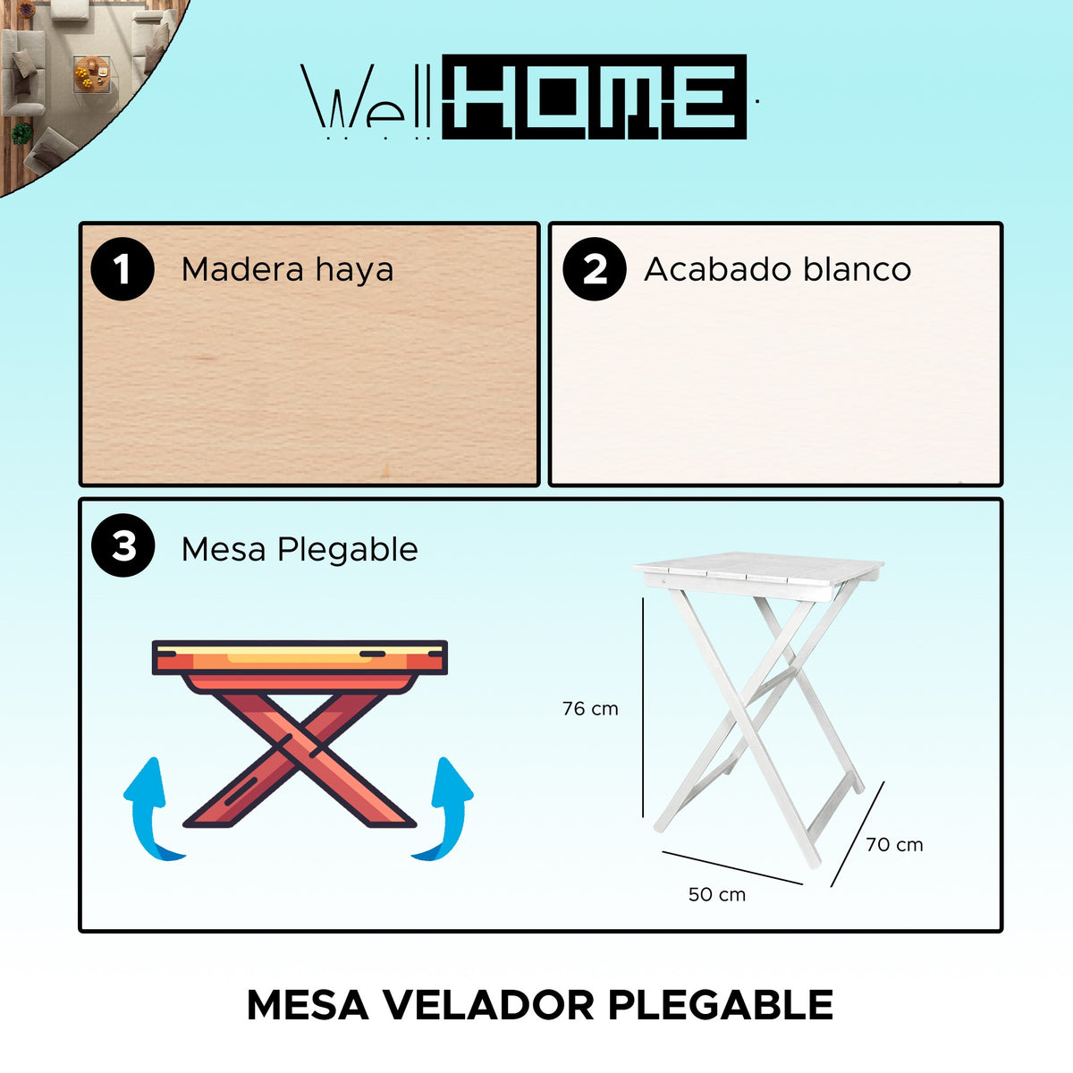 Mesa velador haya plegable acabado blanco 70x50x76cm (2)