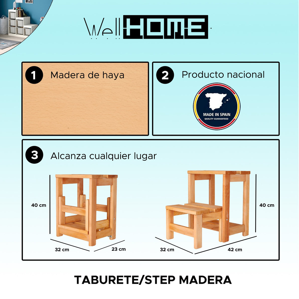 Taburete escalera 2 peldaños madera aceite 32x23x40 cm (2)