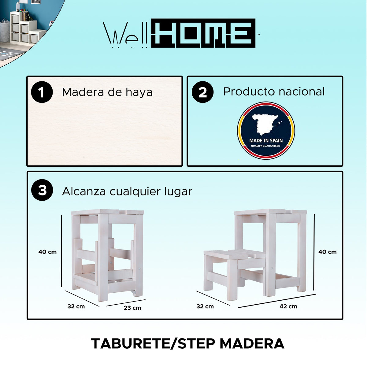 Taburete escalera 2 peldaños madera blanco 32x23x40 cm (2)