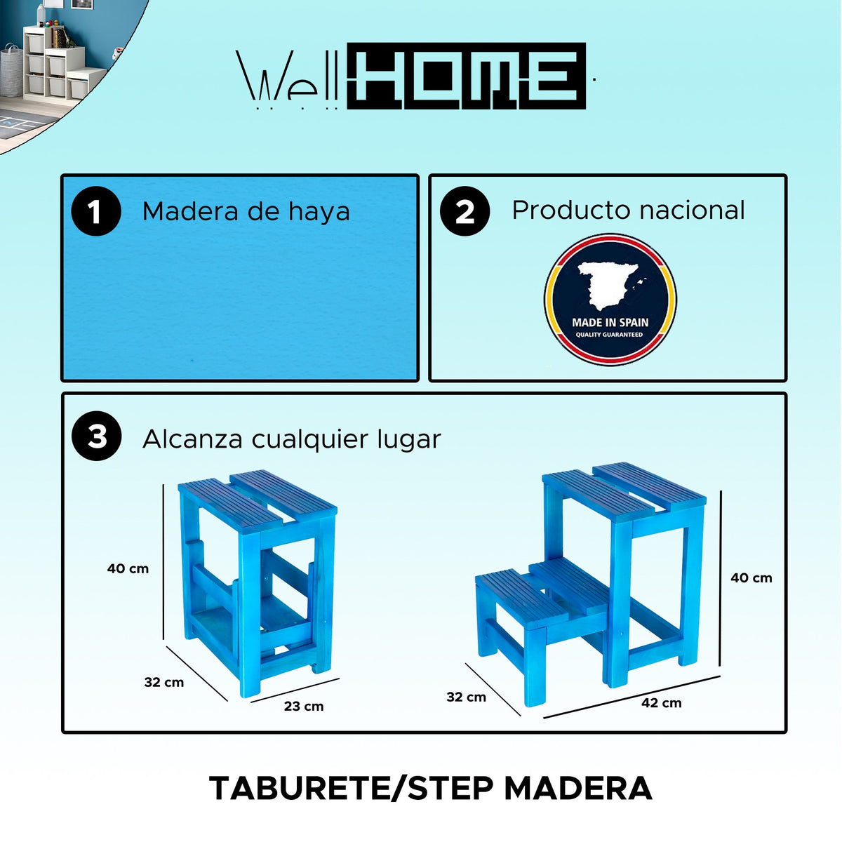 Taburete escalera 2 peldaños madera azul 32x23x40 cm (2)