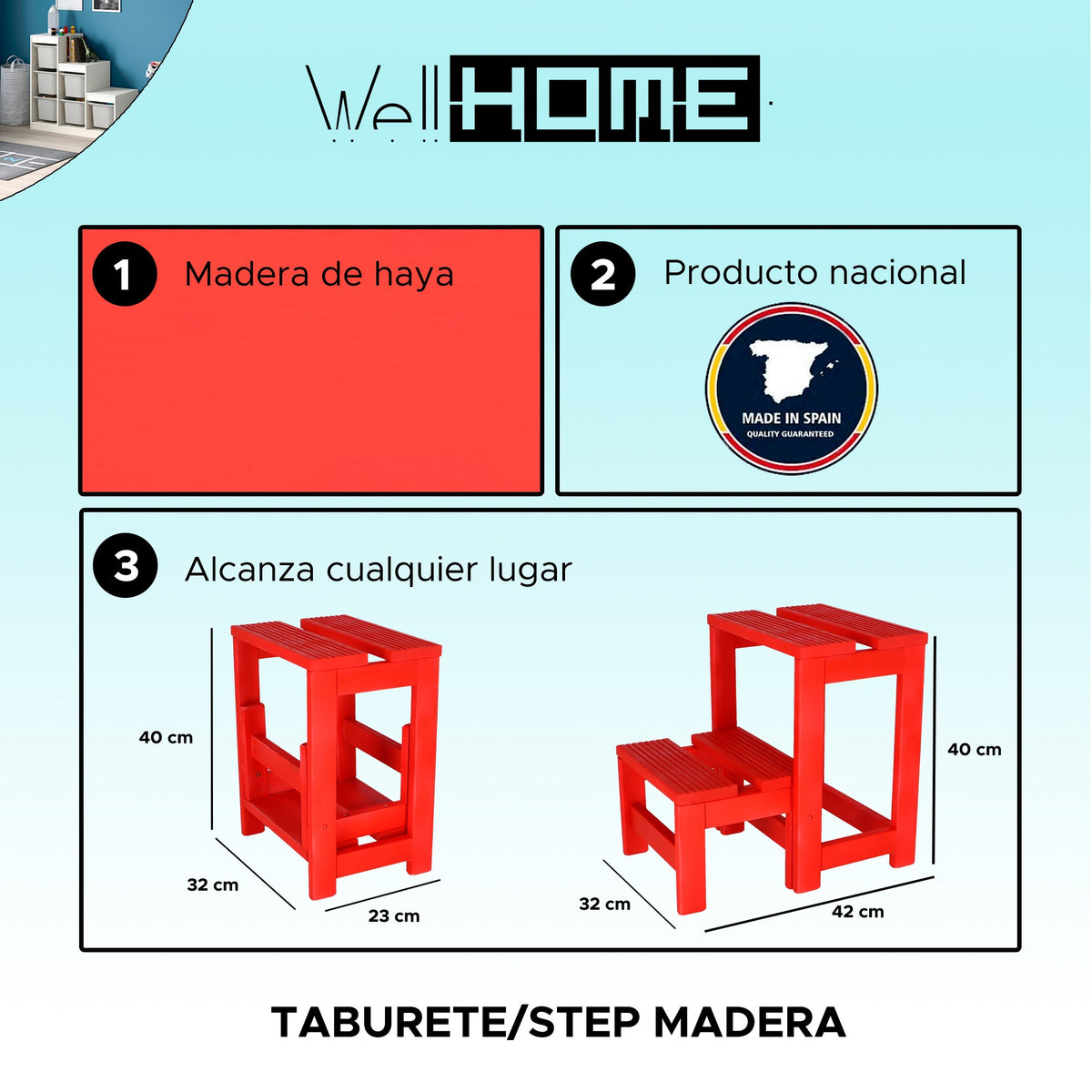 Taburete escalera 2 peldaños madera rojo 32x23x40 cm (2)