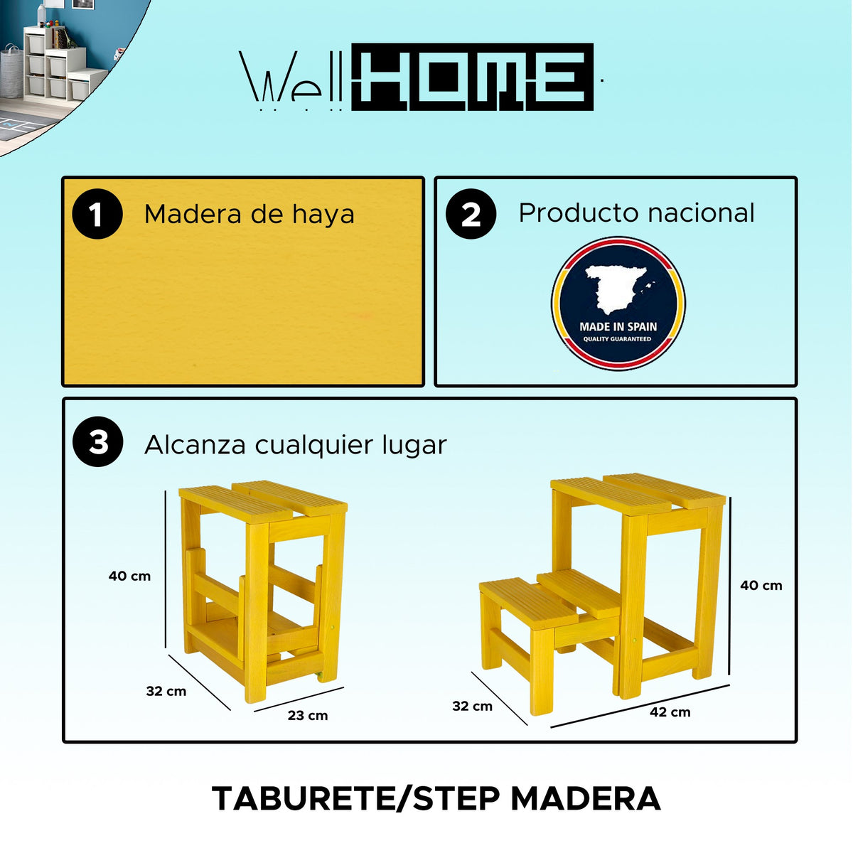 Taburete escalera 2 peldaños madera amarillo 32x23x40 cm (2)