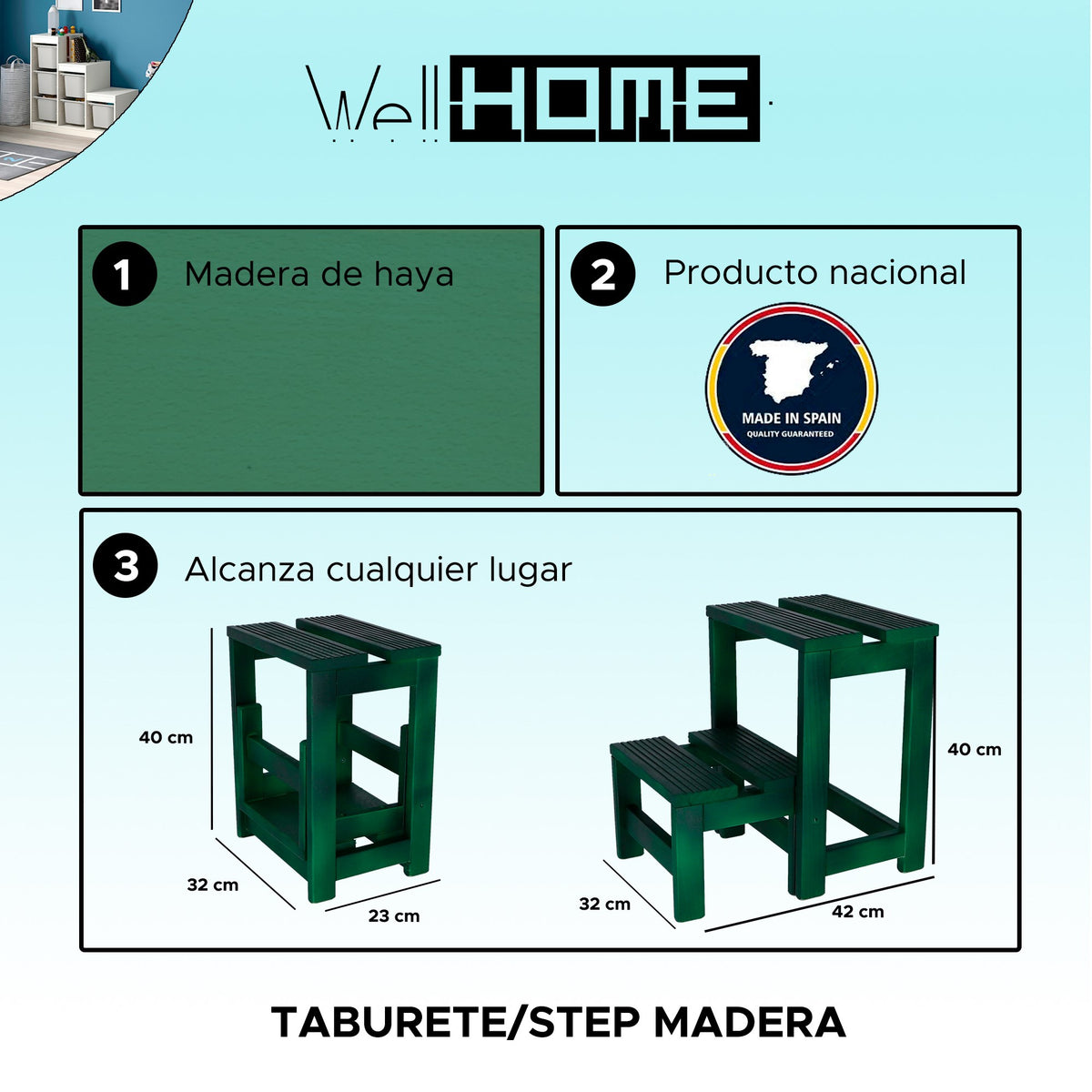 Taburete escalera 2 peldaños madera verde 32x23x40 cm (2)
