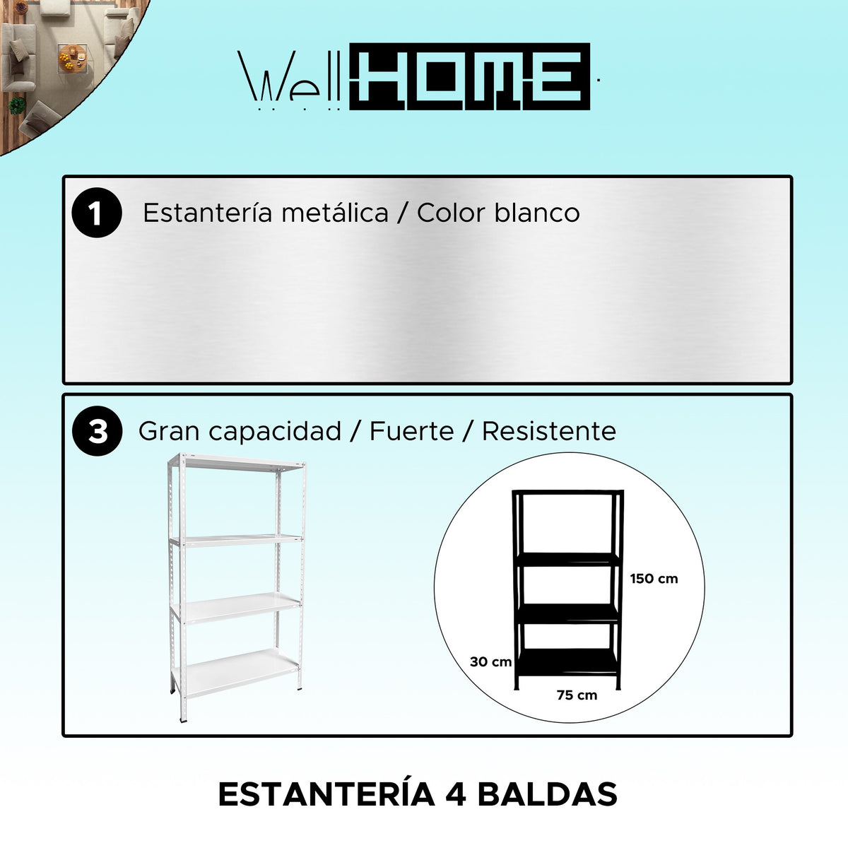 Estantería metálica blanca 4 baldas 75x30x150 cm (2)