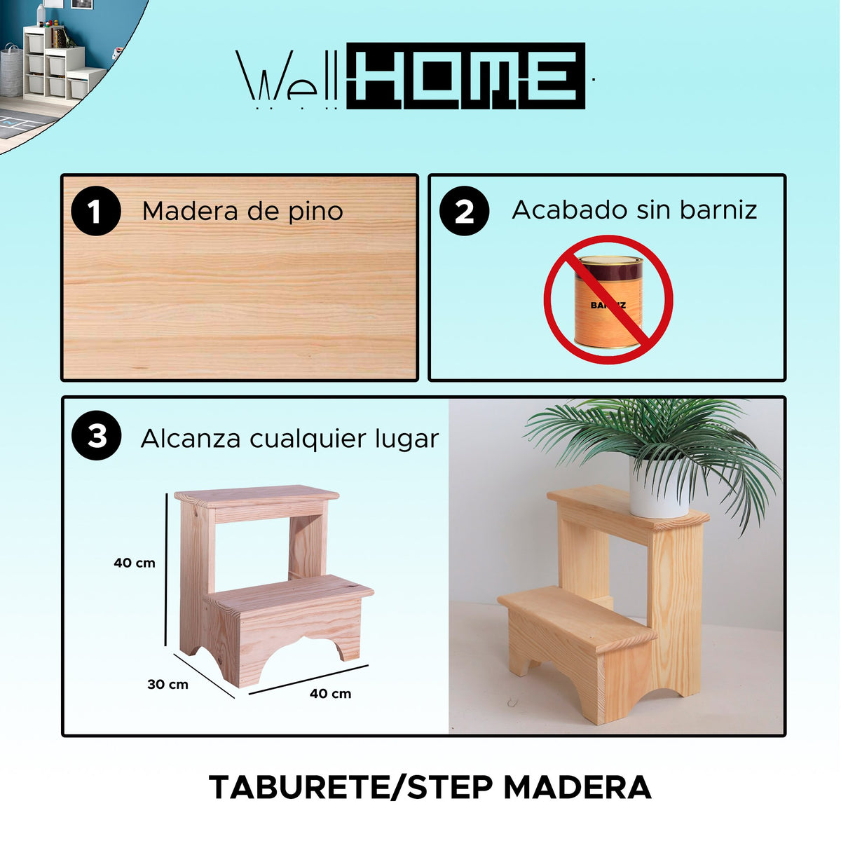 Taburete escalón madera sin barniz 40x30x40 cm (2)