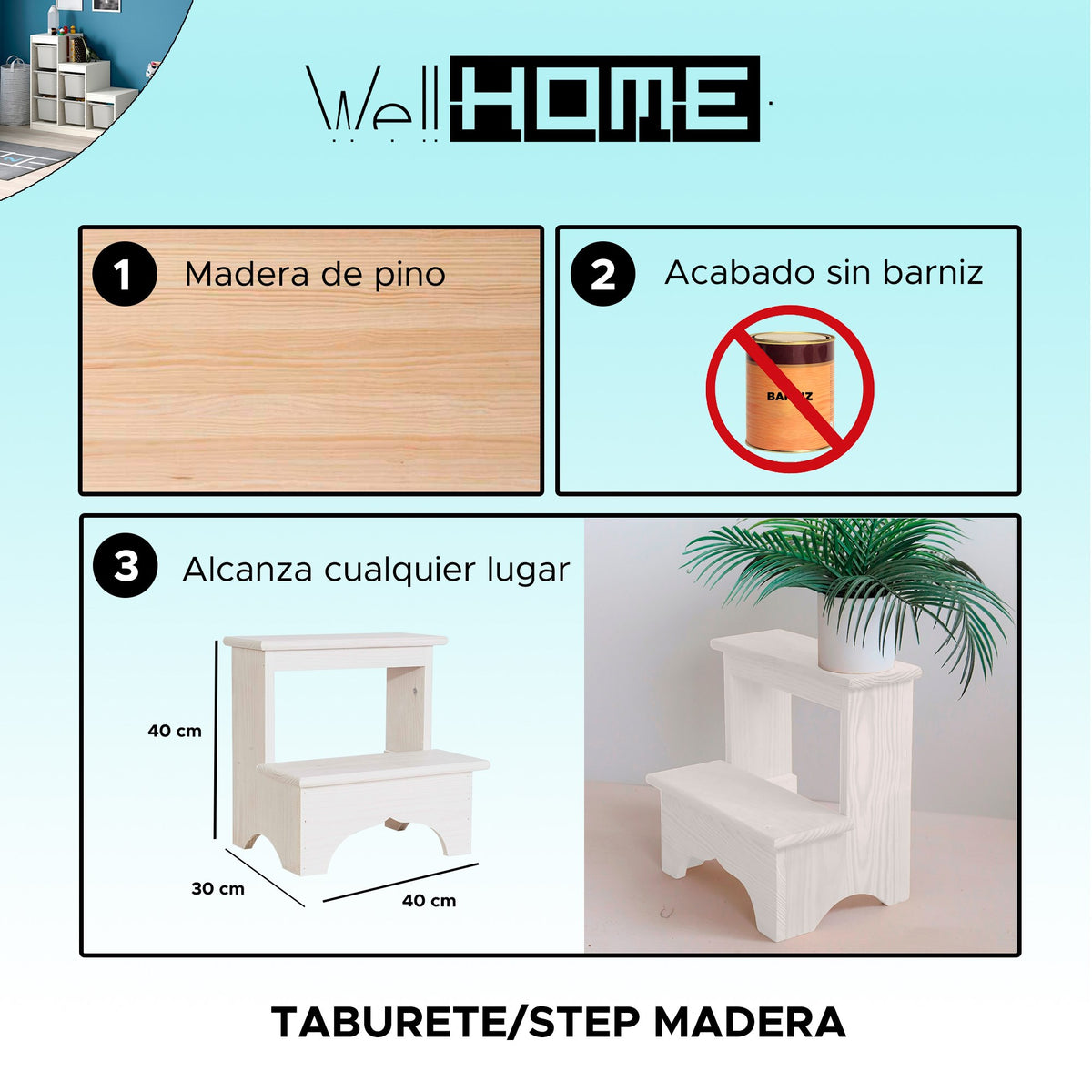 Taburete escalón madera blanco 40x30x40 cm (2)