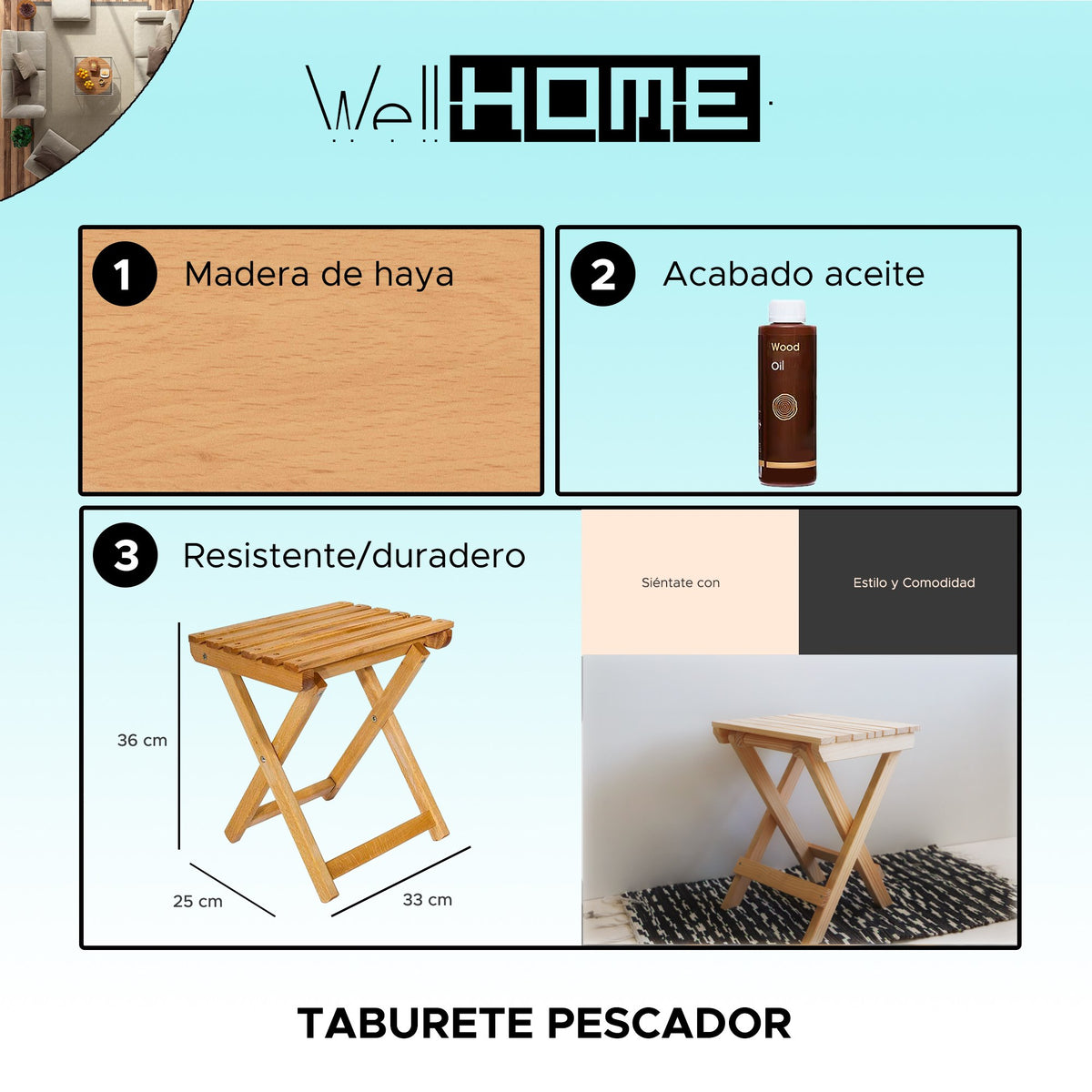 Taburete pescador madera acabado aceite 33x25x36 cm (2)
