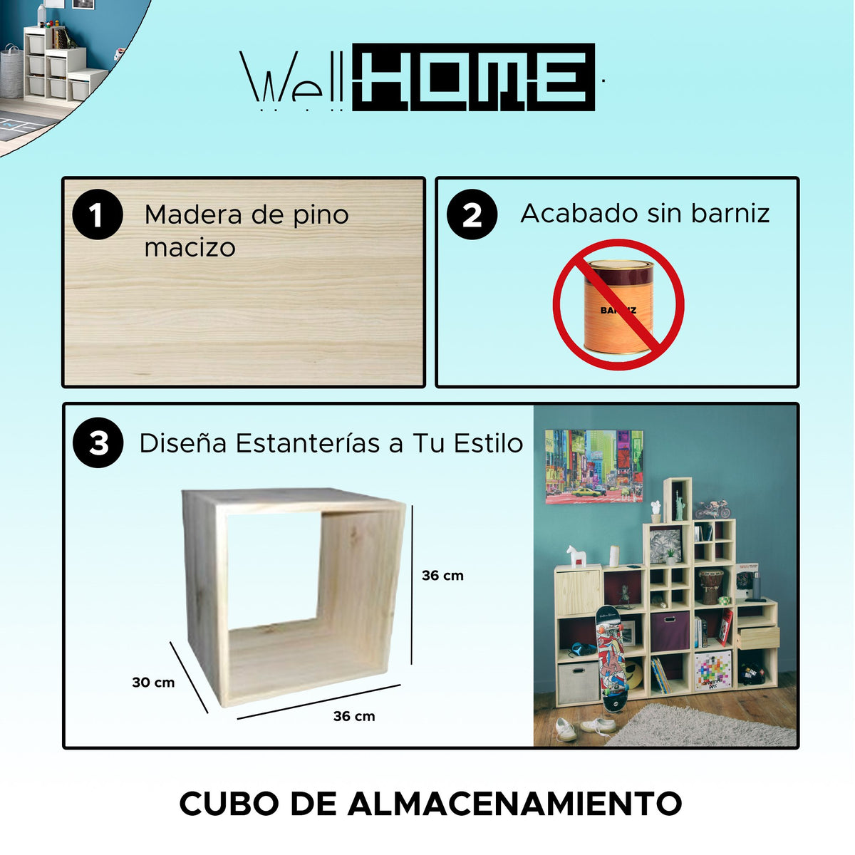 Cubo de almacenamiento madera 1 compartimento 36x30x36 cm (2)