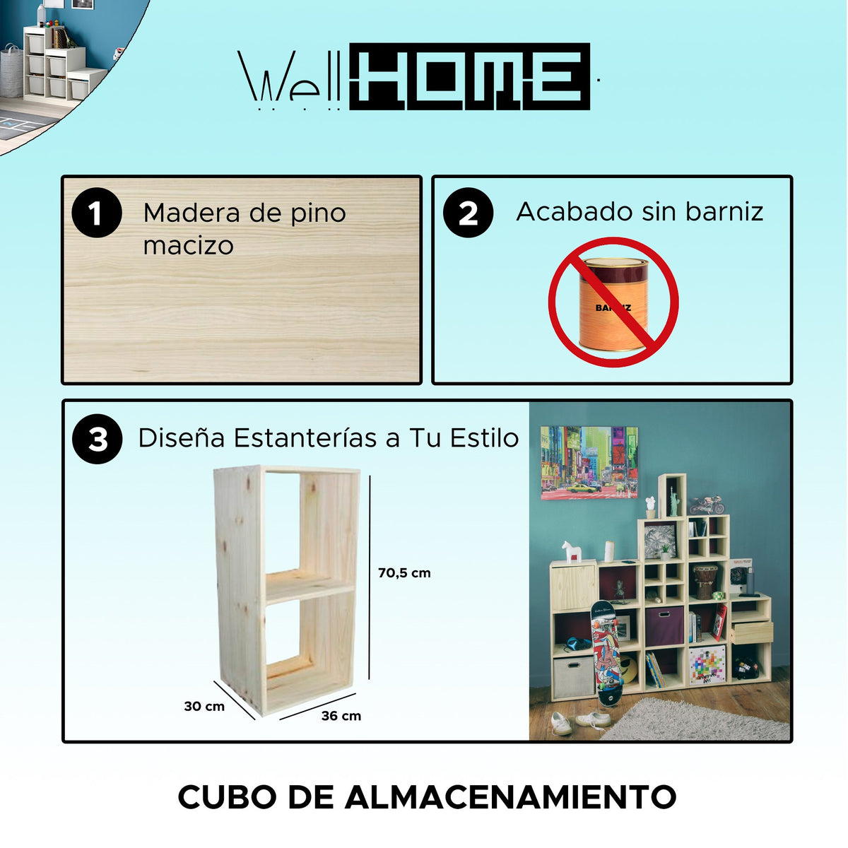 Cubo de almacenamiento madera 2 compartimentos 36x30x70 cm (2)