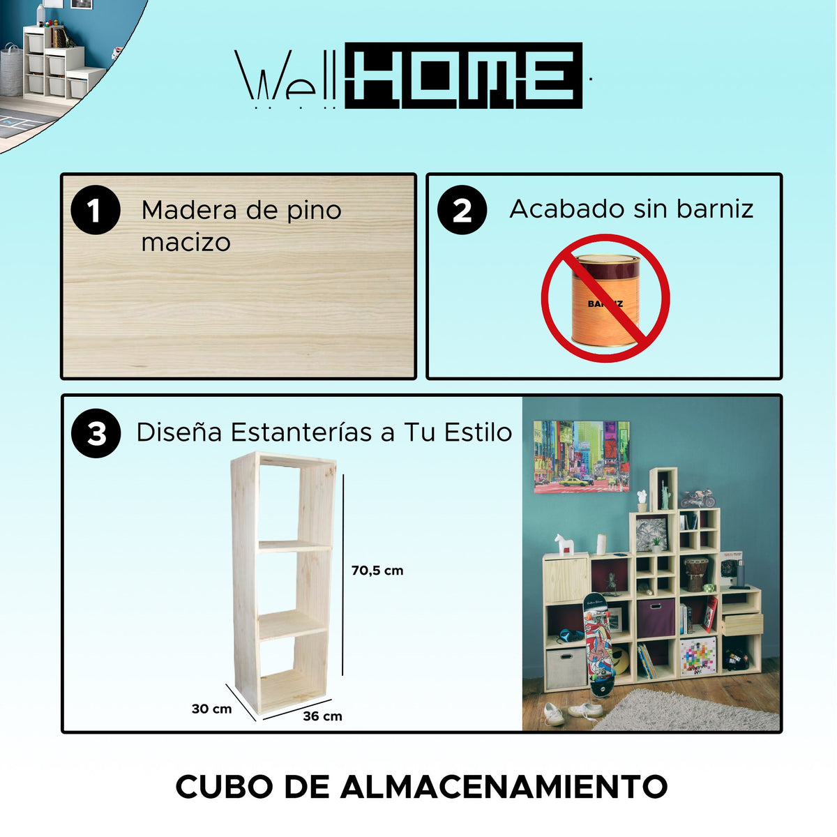 Cubo de almacenamiento madera 3 compartimentos 36x30x104 cm (2)