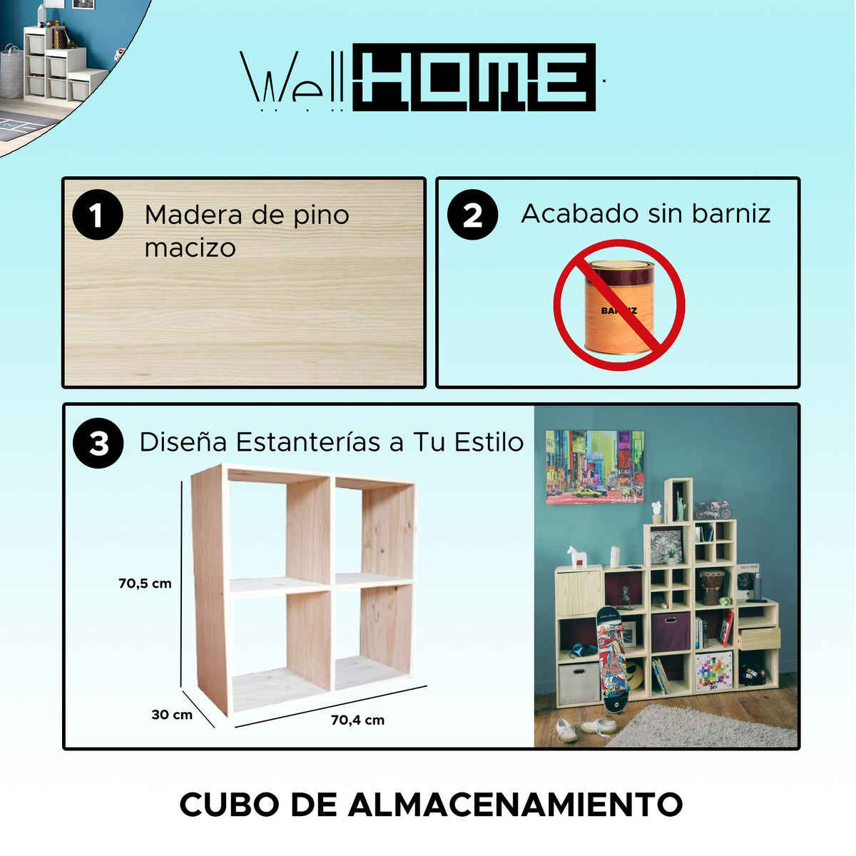 Cubo de almacenamiento madera 4 compartimentos 70x30x70 cm (2)