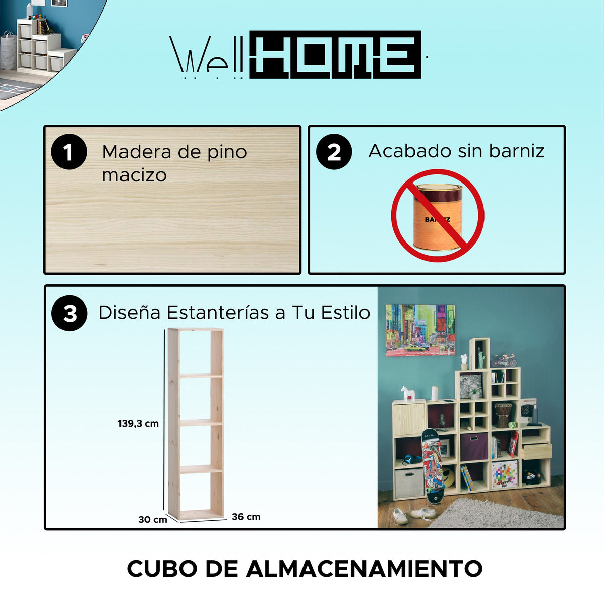 Cubo de almacenamiento madera 4 compartimentos 36x30x139 cm (2)