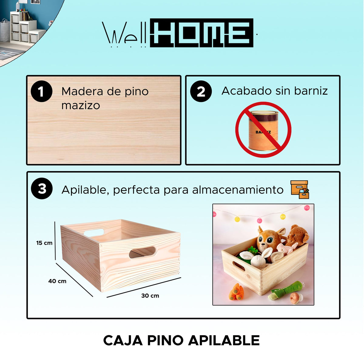 Caja de almacenaje apilable pino macizo 40x30x15 cm (2)