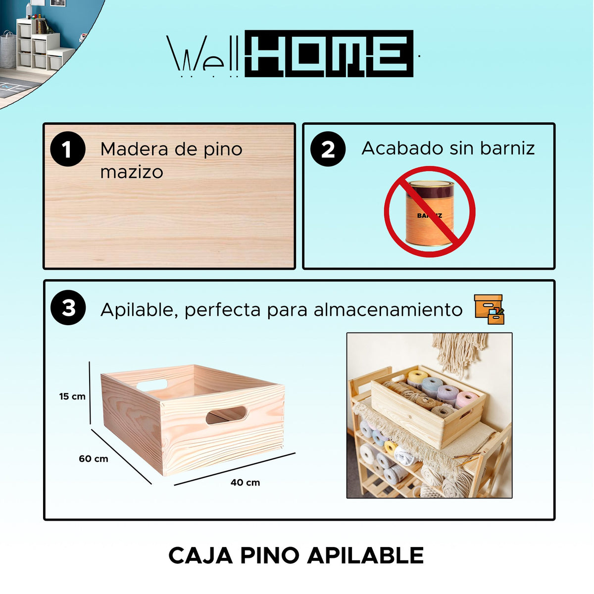 Caja de almacenaje apilable pino macizo 60x40x15 cm (2)