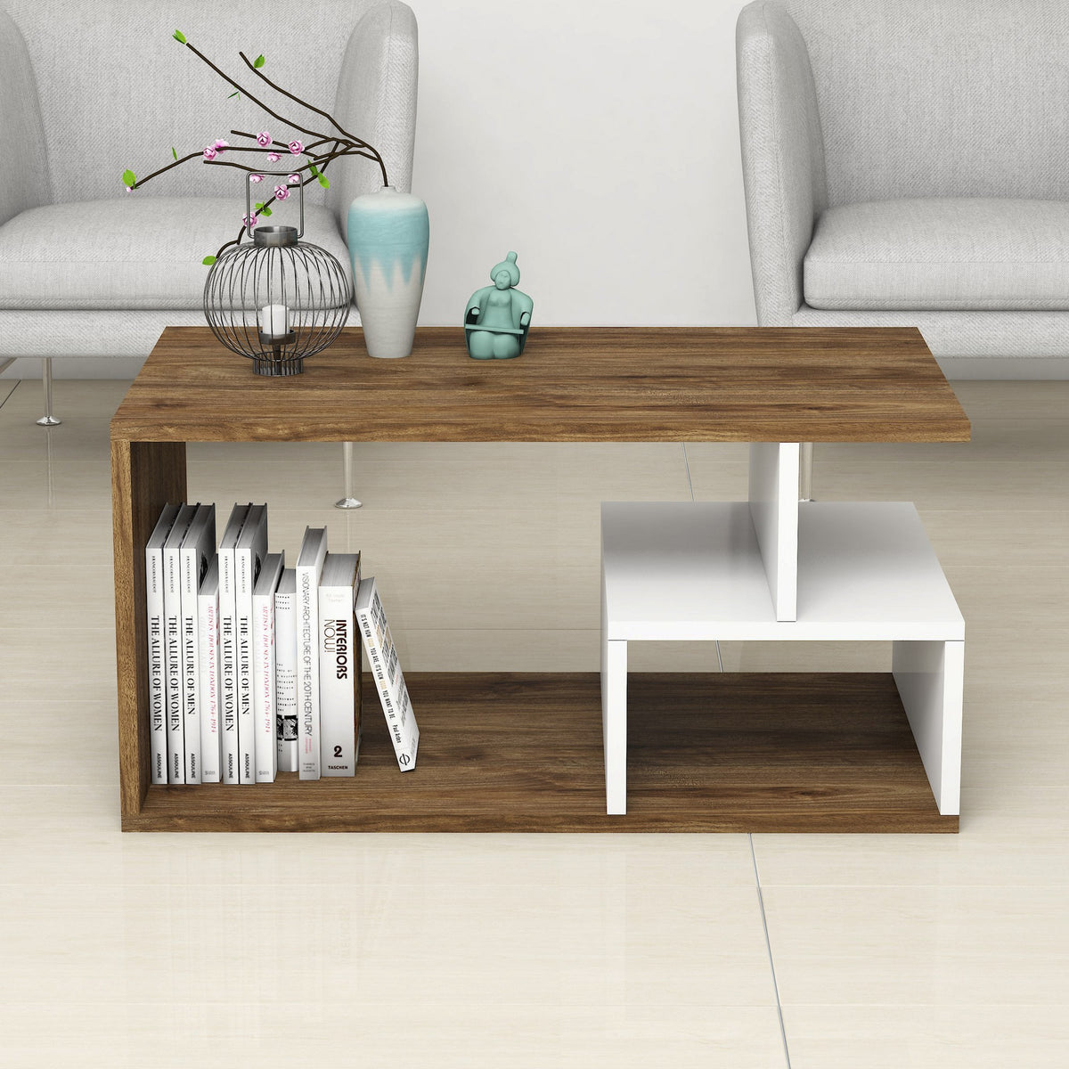 Mesa de centro melamina nogal y blanco 90x42x54 cm (2)