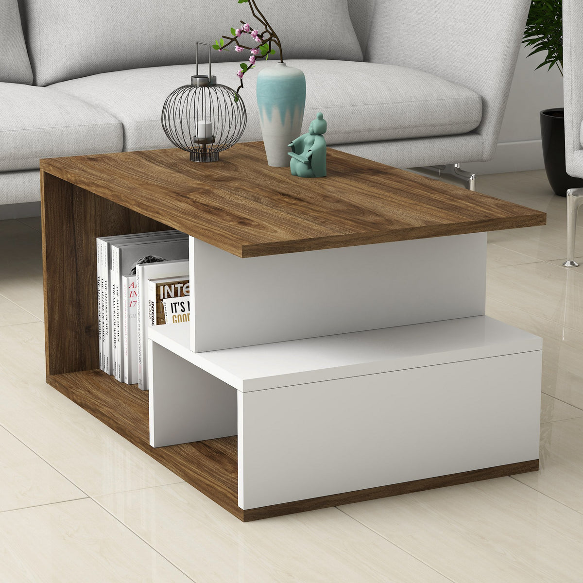 Mesa de centro melamina nogal y blanco 90x42x54 cm (3)