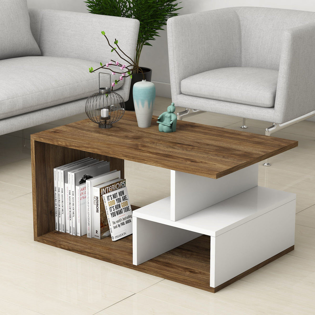 Mesa de centro melamina nogal y blanco 90x42x54 cm (4)