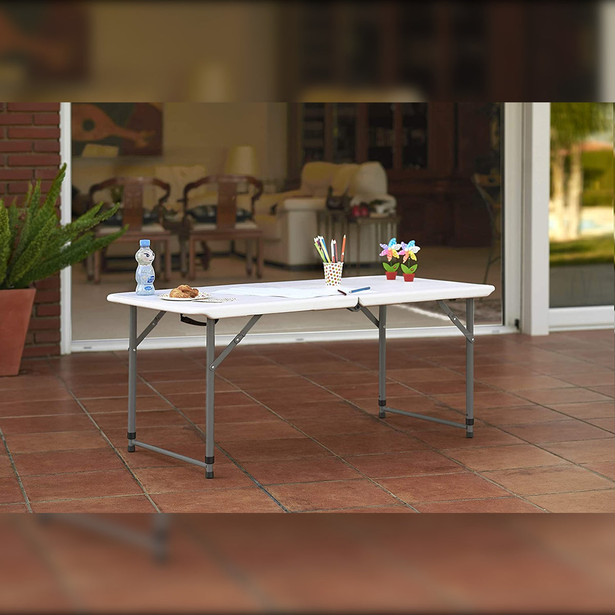 Mesa plegable altura regulable 122x60x50-74cm con asa blanco (7)