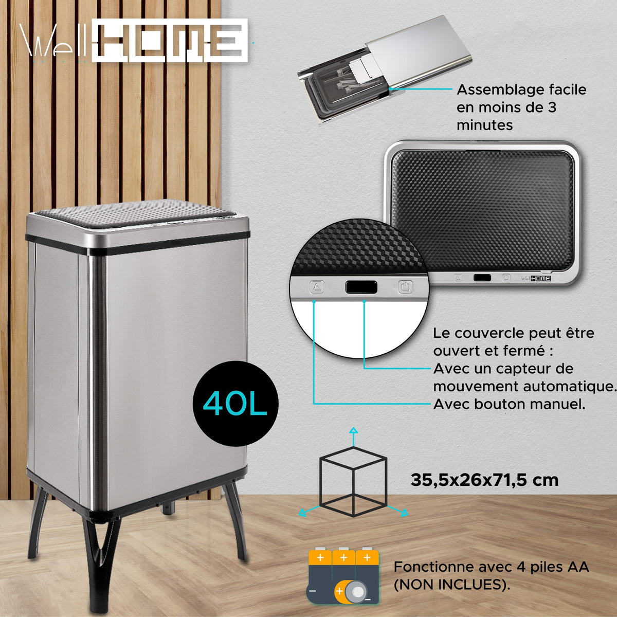 Cubo de basura inteligente apertura automática 40L gris (12)