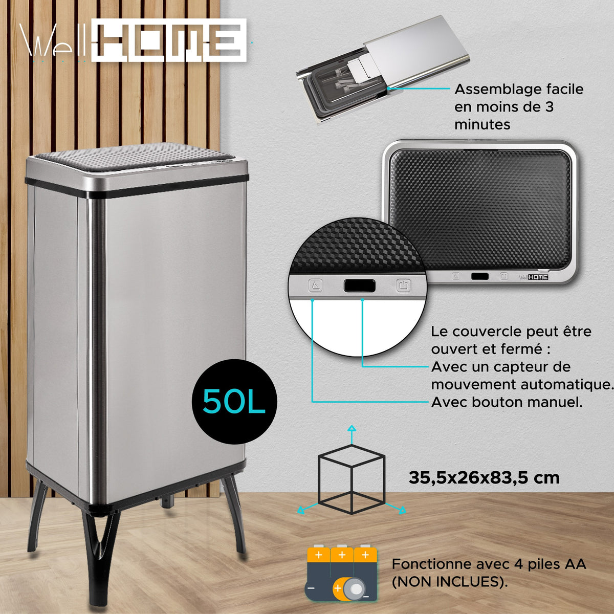 Cubo de basura inteligente apertura automática 50L gris (12)