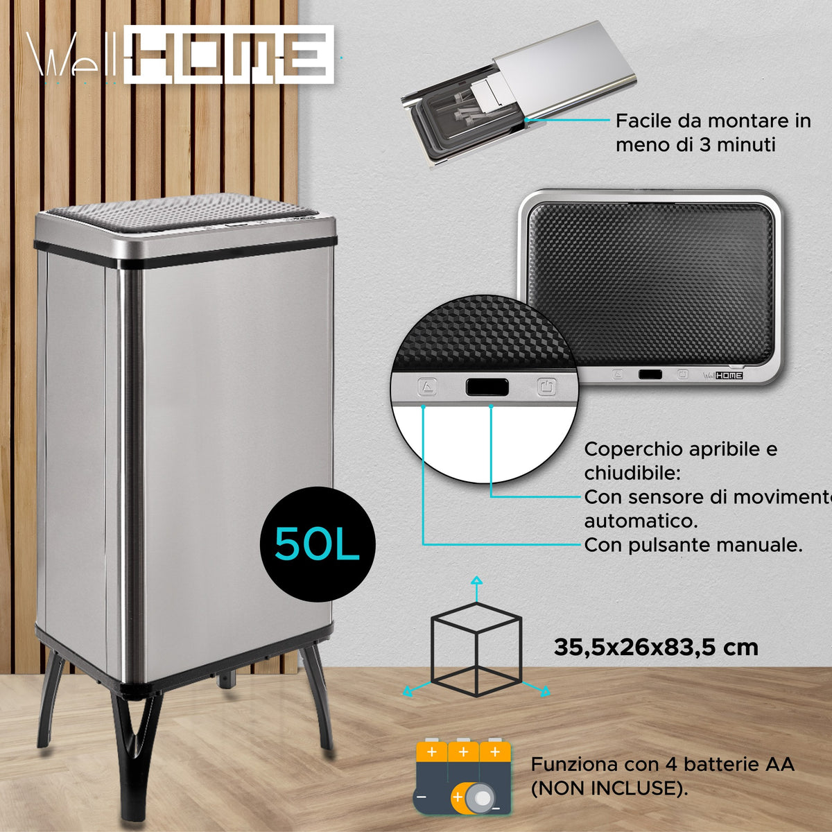 Cubo de basura inteligente apertura automática 50L gris (13)