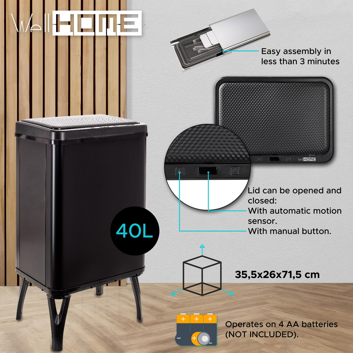 Cubo de basura inteligente apertura automática 40L negro (12)