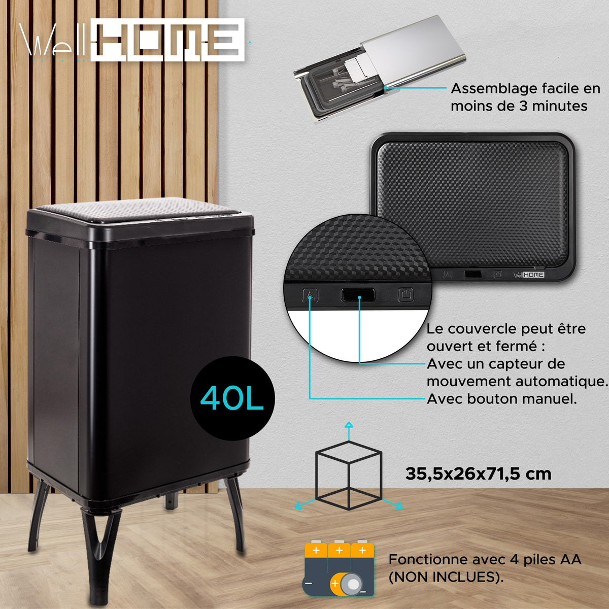Cubo de basura inteligente apertura automática 40L negro (13)