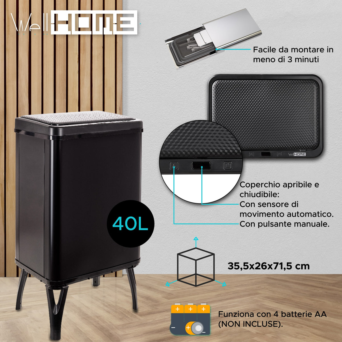 Cubo de basura inteligente apertura automática 40L negro (14)